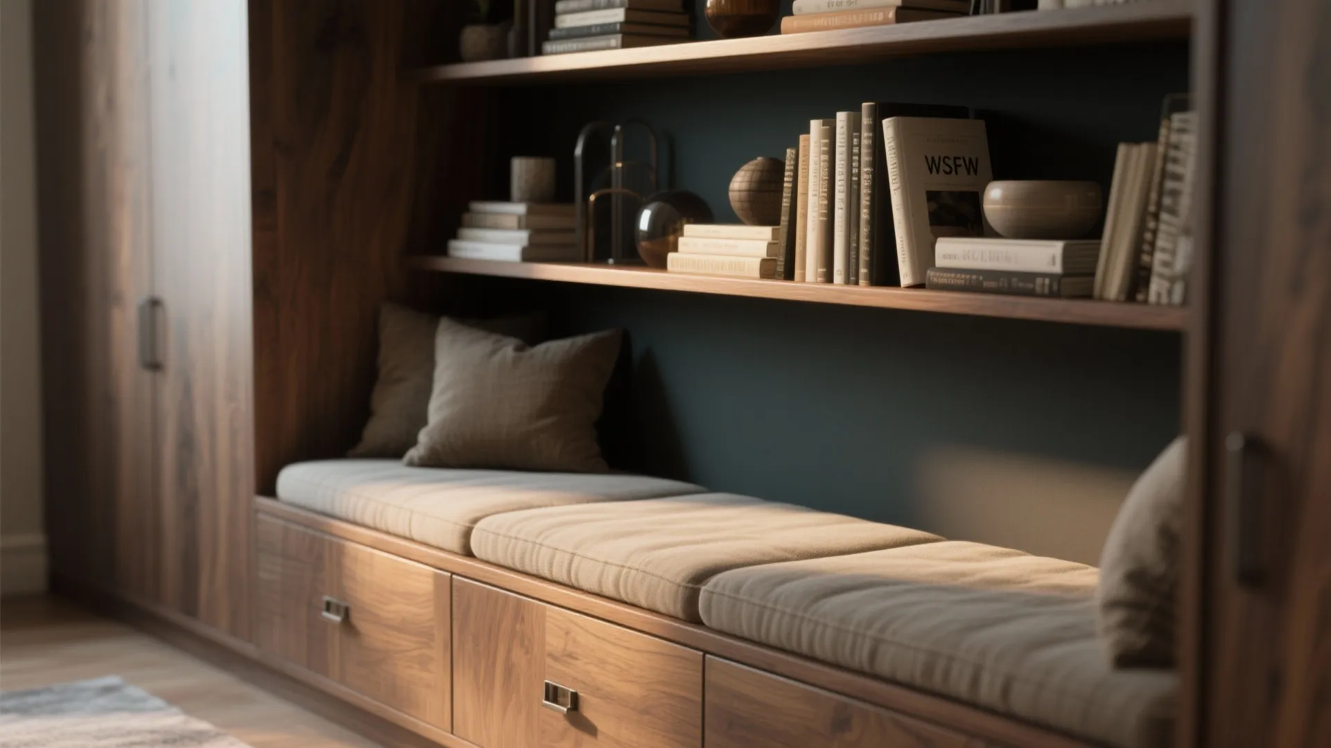 4. Built-in shelving that doubles as a bench
