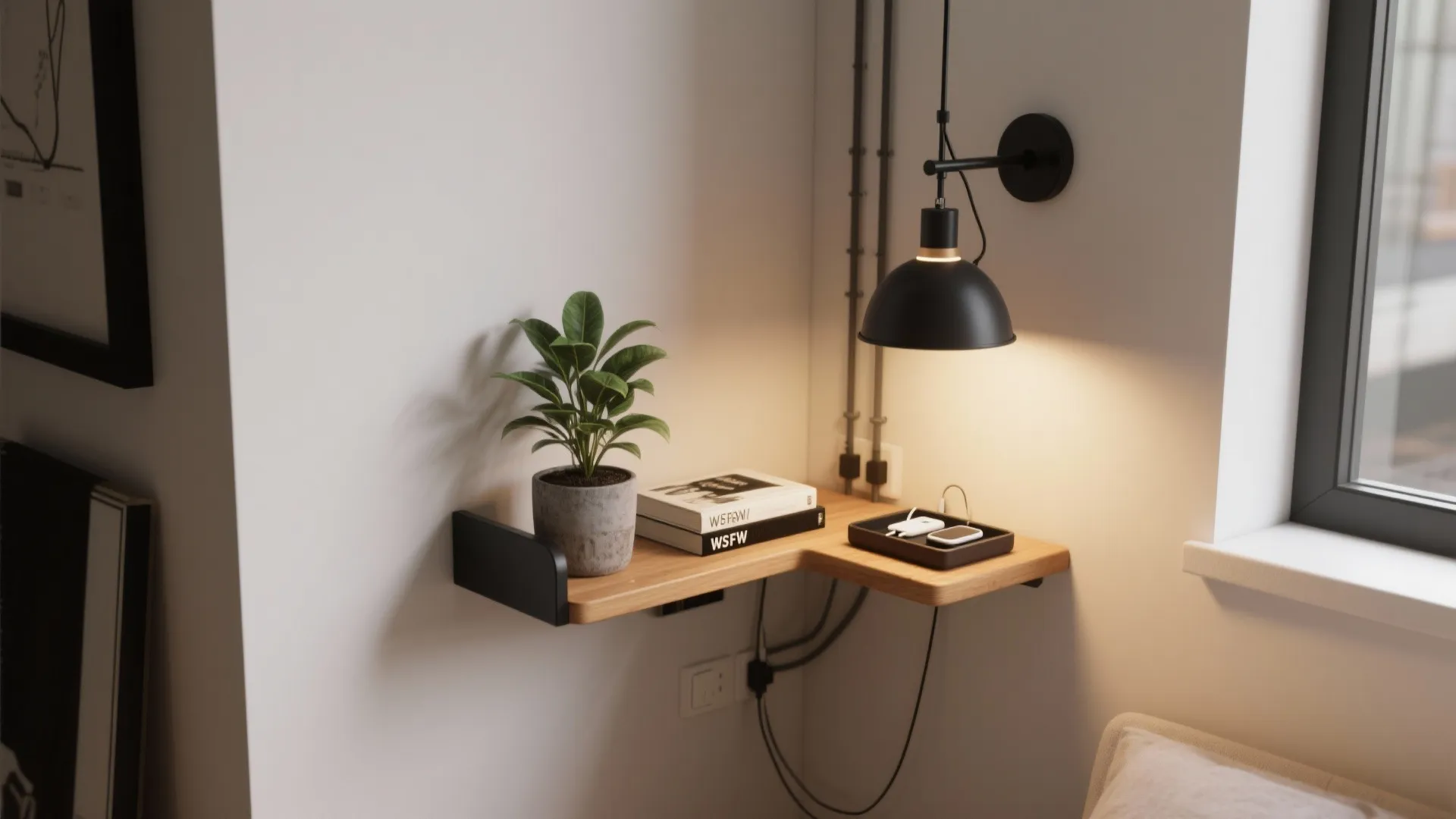 Floating shelf with integrated pendant bracket holding plants and books in a compact corner.