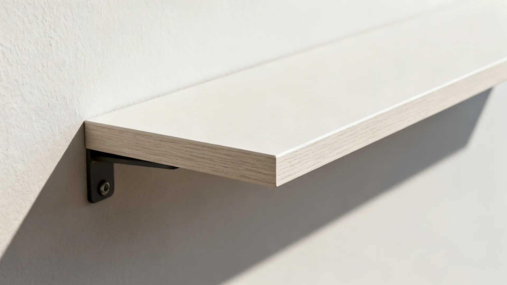 Close-up of a thin floating shelf with hidden bracket and crisp edge detail.