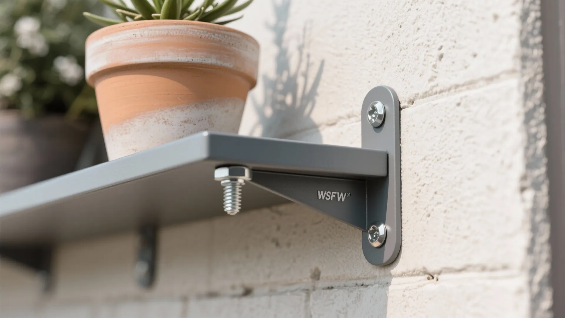 Rail-mounted shelves for pottery and plants