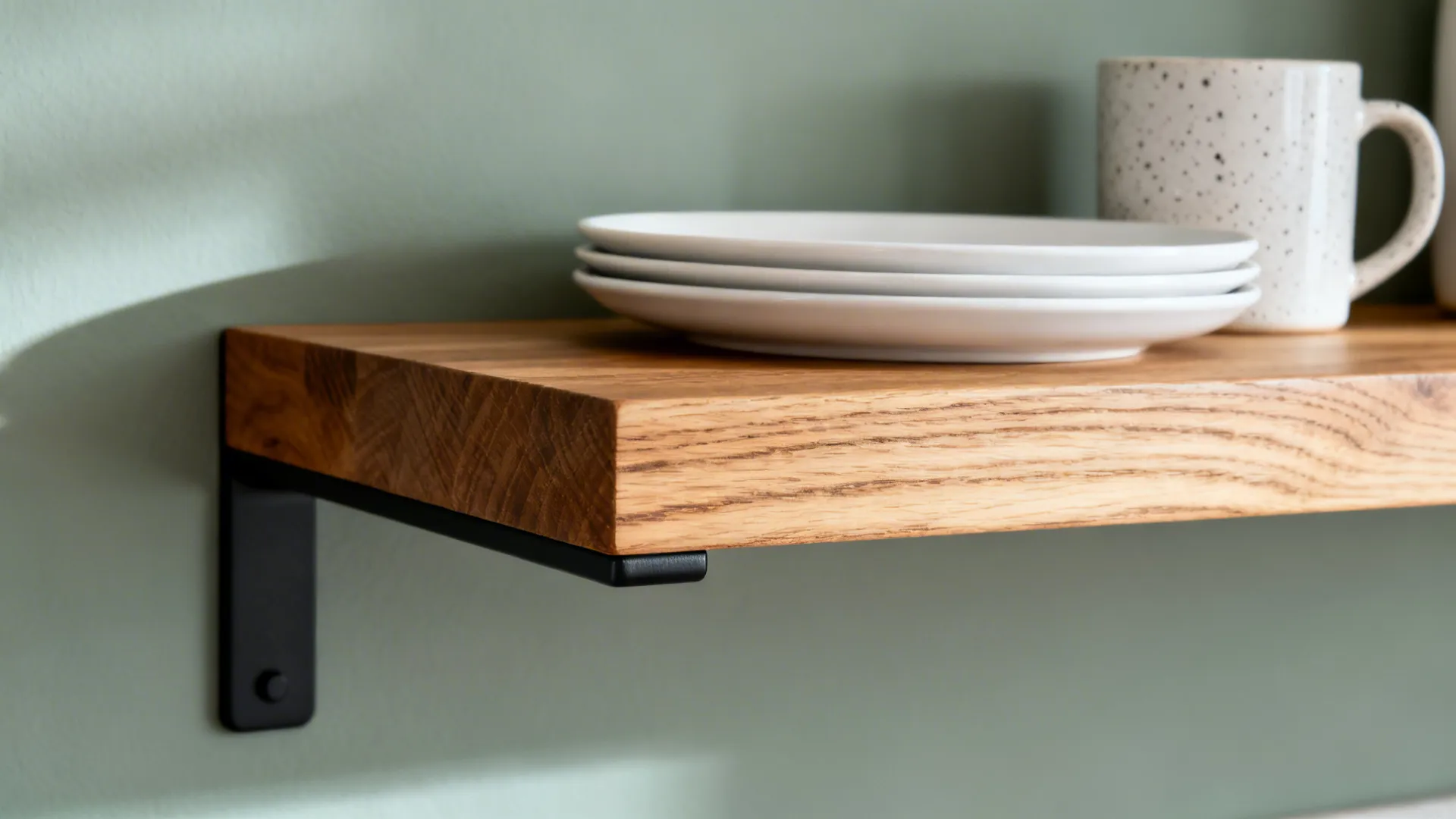 Close-up of an oak shelf and black bracket with neatly stacked plates.
