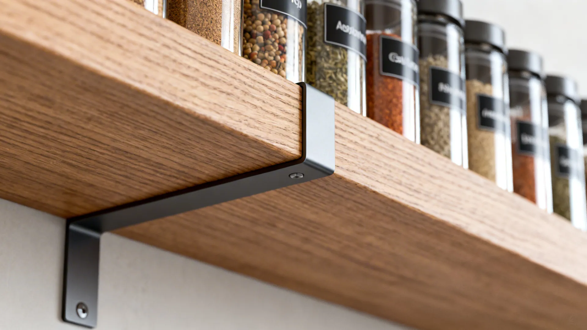 Macro detail of a slim concealed steel bracket supporting an oak-look kitchen shelf.