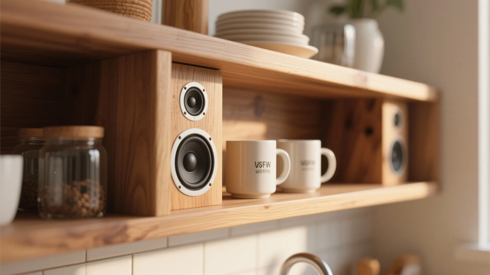 Two small wooden speakers integrated into a kitchen shelf with white mugs and glass jars