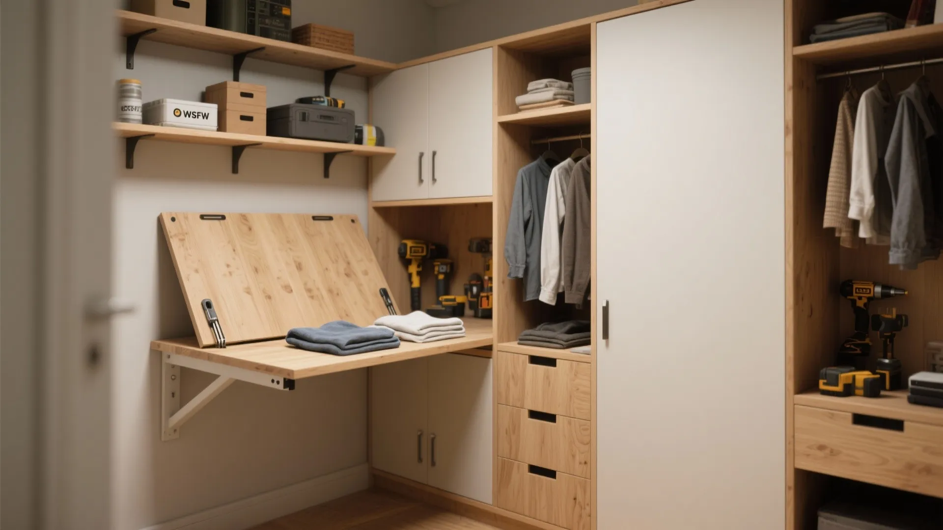 5. Open Shelf + Cabinet Combo with Fold-Down Work Surface
