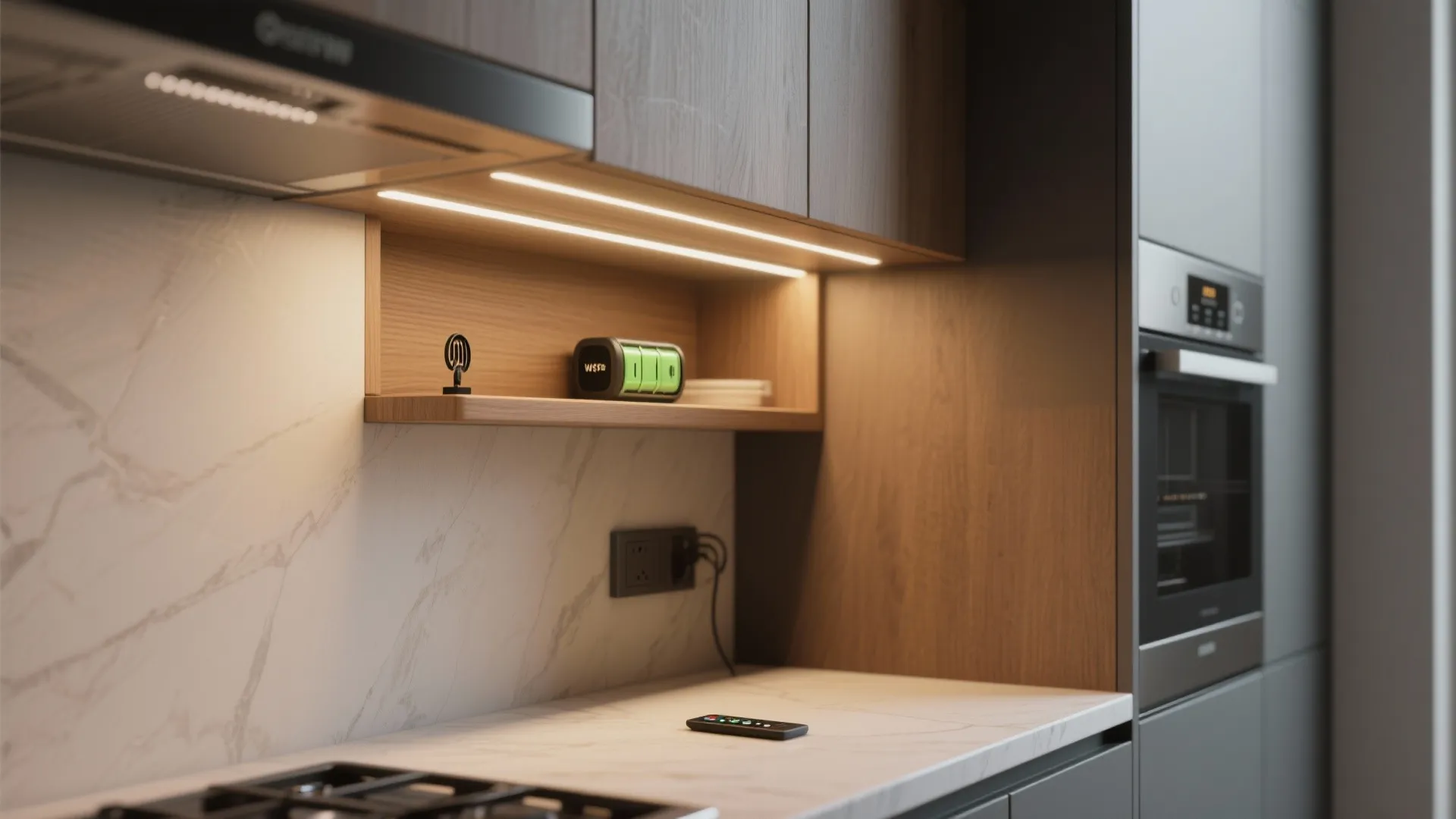 Modern kitchen with warm light strips under dark wooden cabinets above a white marble counter