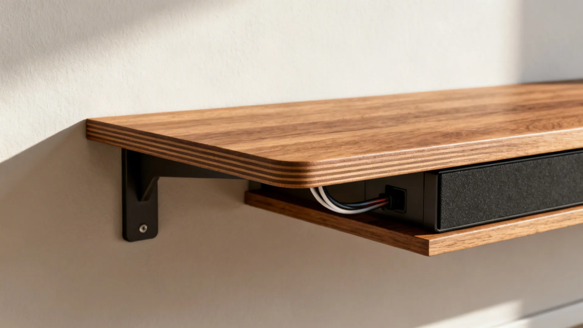Wooden wall shelf with black metal bracket showing speaker and wires tucked neatly underneath the wood