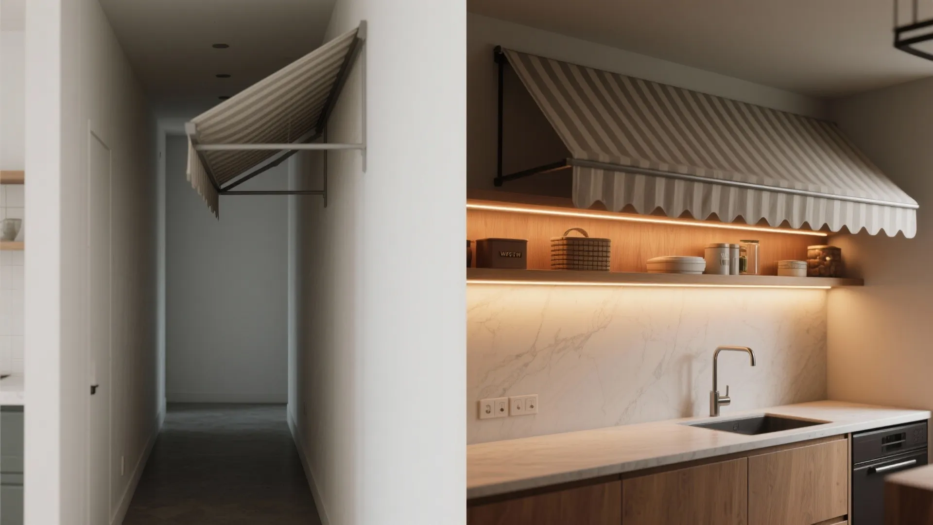 Side by side comparison of a hallway and kitchen featuring a striped fabric indoor canopy awning