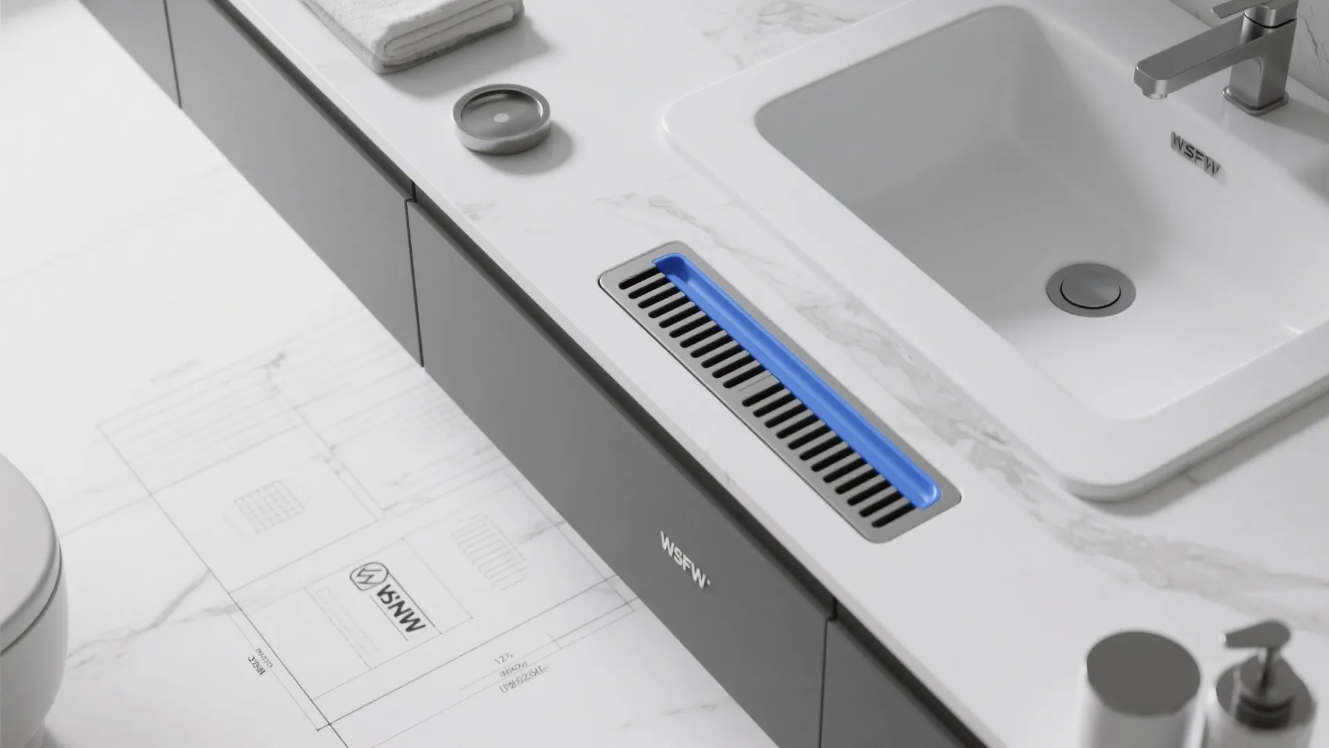 Top-down view of integrated shelf drain channel pitched toward the basin with clean seams.