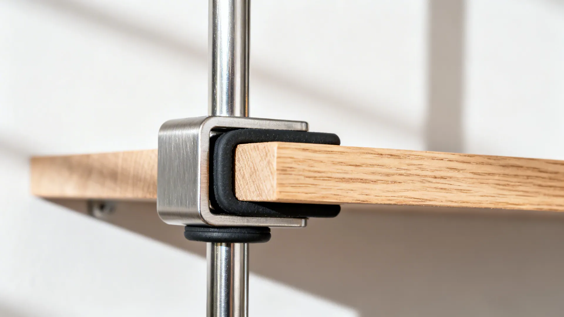 Macro detail of clamp-on shelf hardware on a tension-mounted post with protective pads.