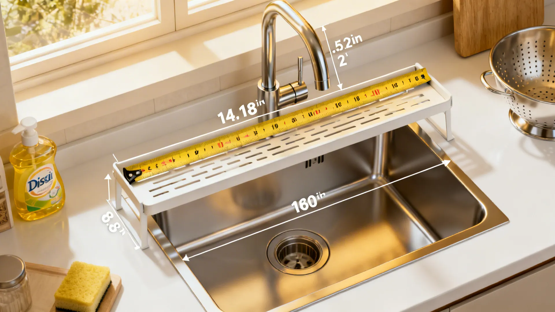 Top-down scene implying shelf height and depth clearances above a kitchen sink.