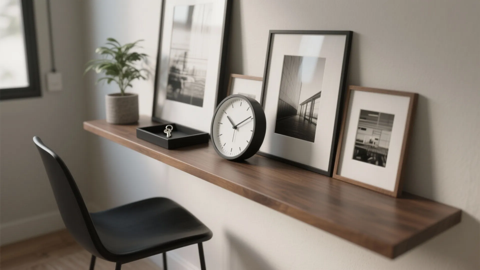 Minimalist wooden wall shelf with black clock framed photos small green plant and black chair