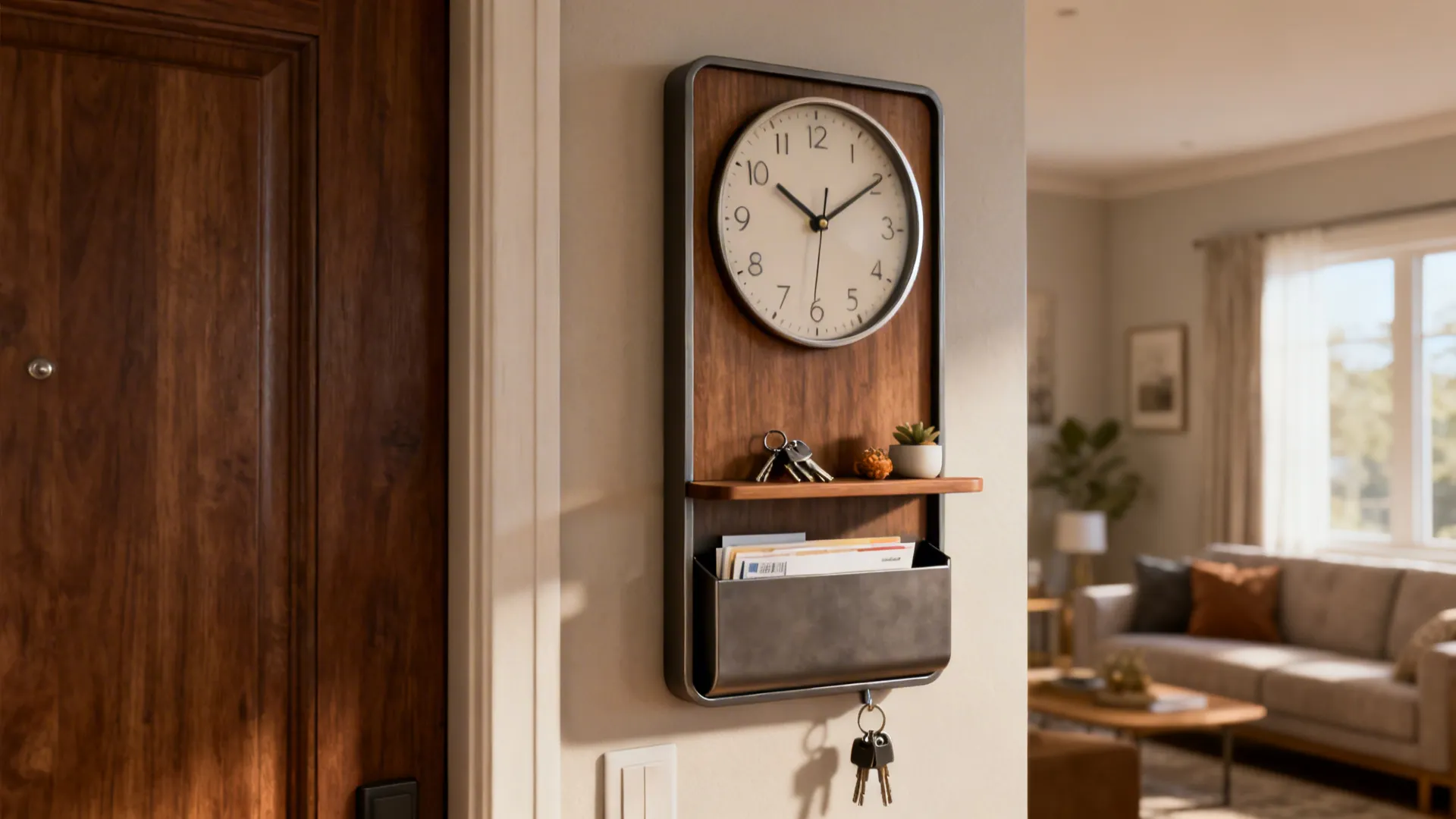 Compact wall clock with a slim integrated shelf holding keys and small decor in an entryway-adjacent living space