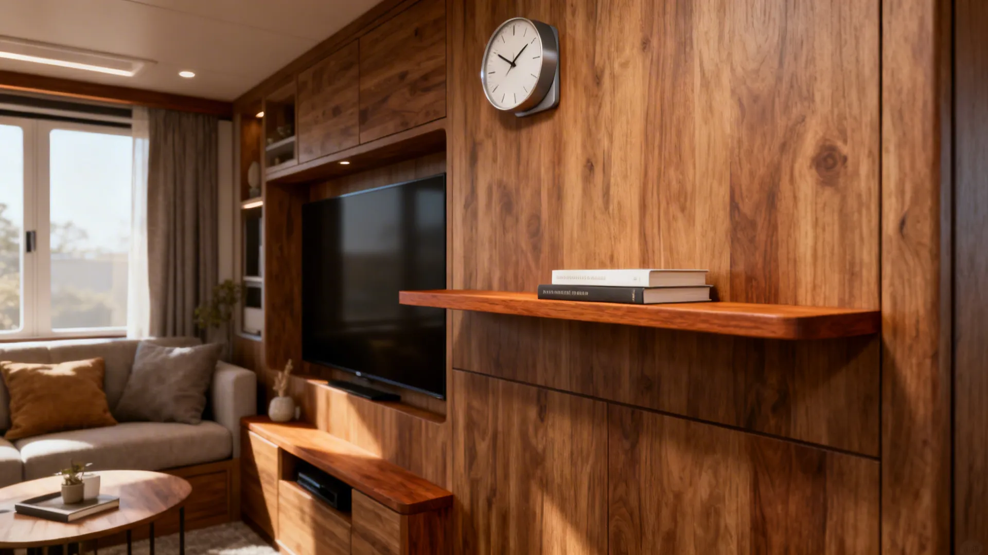 Integrated floating shelf with a small modern clock above, styled with books and minimal decor.