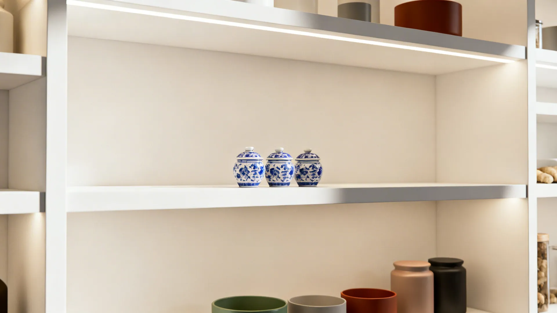 Open shelving with a trio of small blue-and-white ginger jars arranged with negative space and mixed decor.