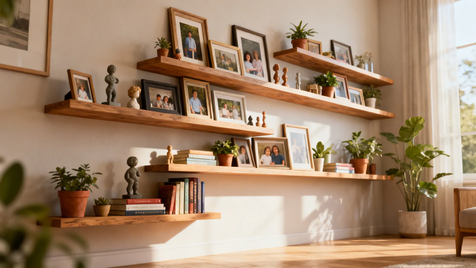 Staggered shelves with frames, books, sculptures and plants for a changeable collage