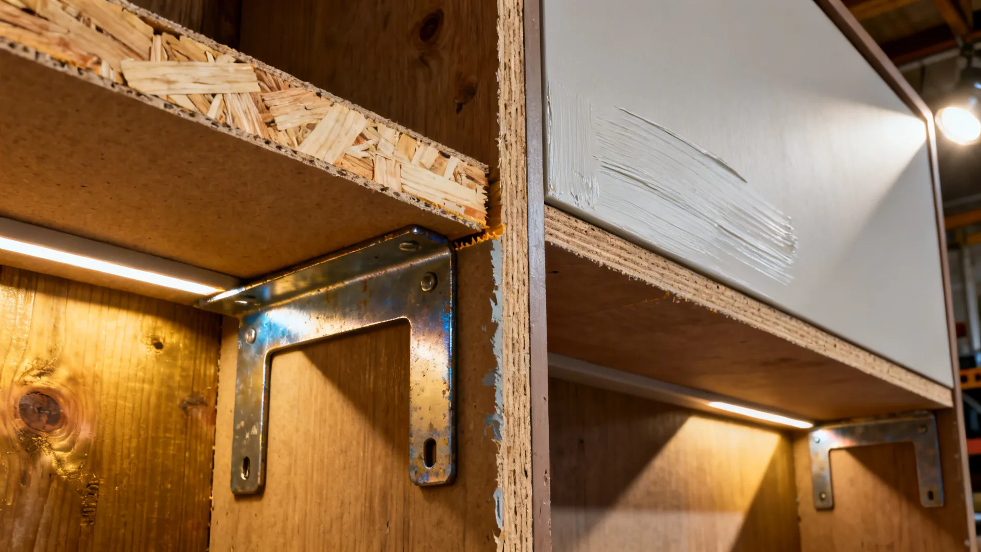 Close-up of plywood edge, painted MDF finish and concealed metal bracket in built-in shelving.