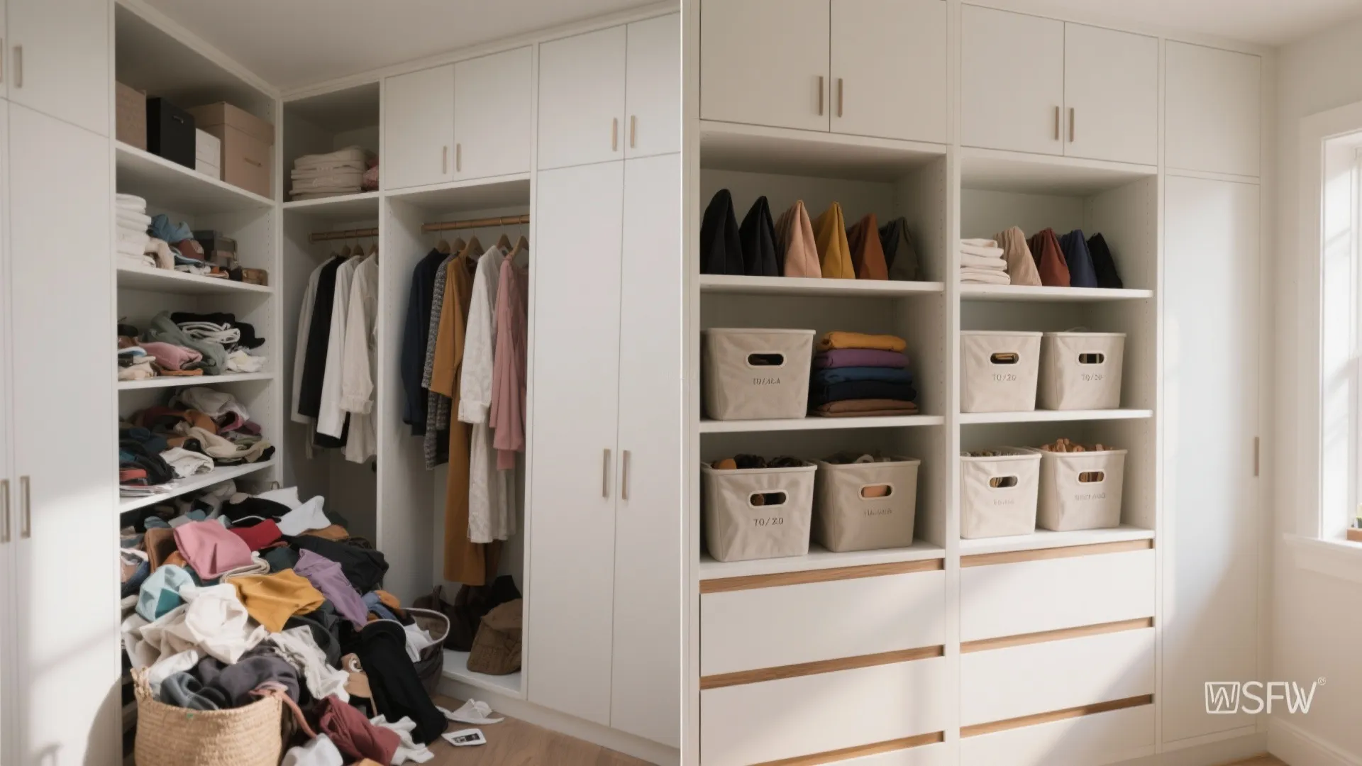 Before and after comparison of a messy open closet versus an organized white storage system
