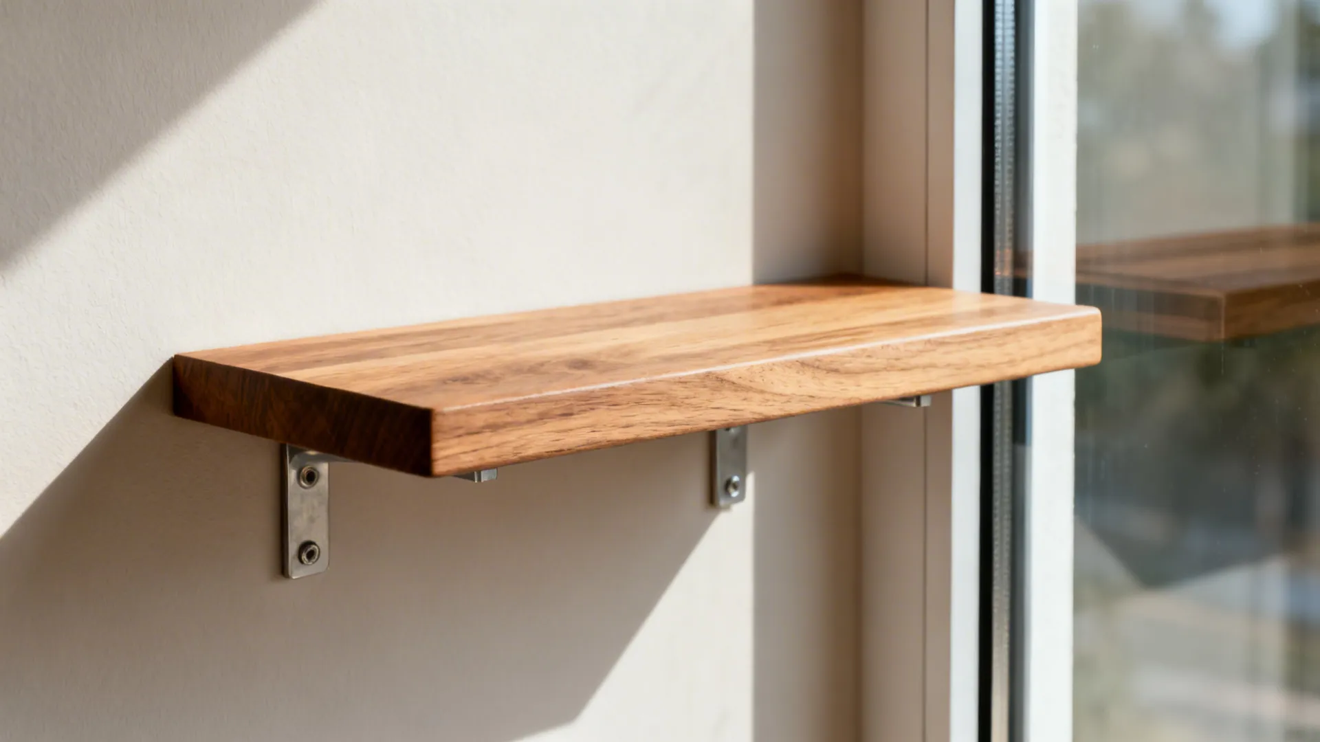 Close-up of a floating oak shelf with concealed brackets near a low-E corner window.