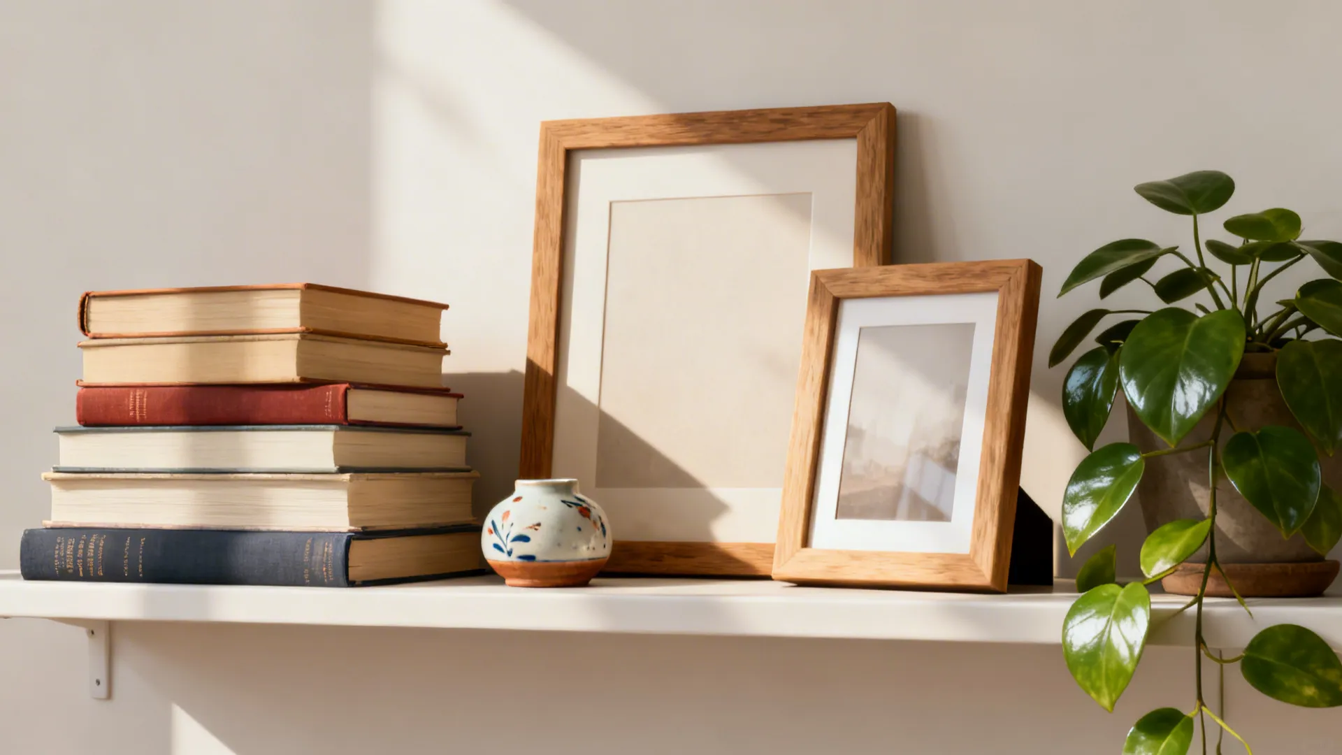 Curated shelf with books, framed photos, ceramic object, and potted plant.