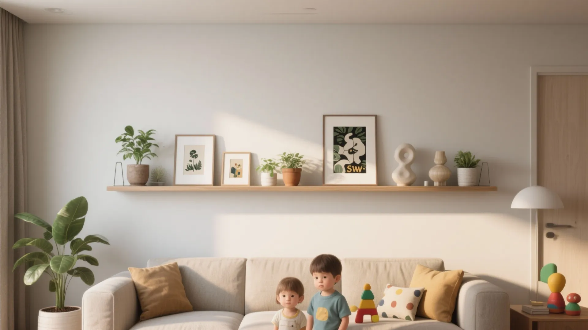 4. Horizontal wall-mounted shelves with decor