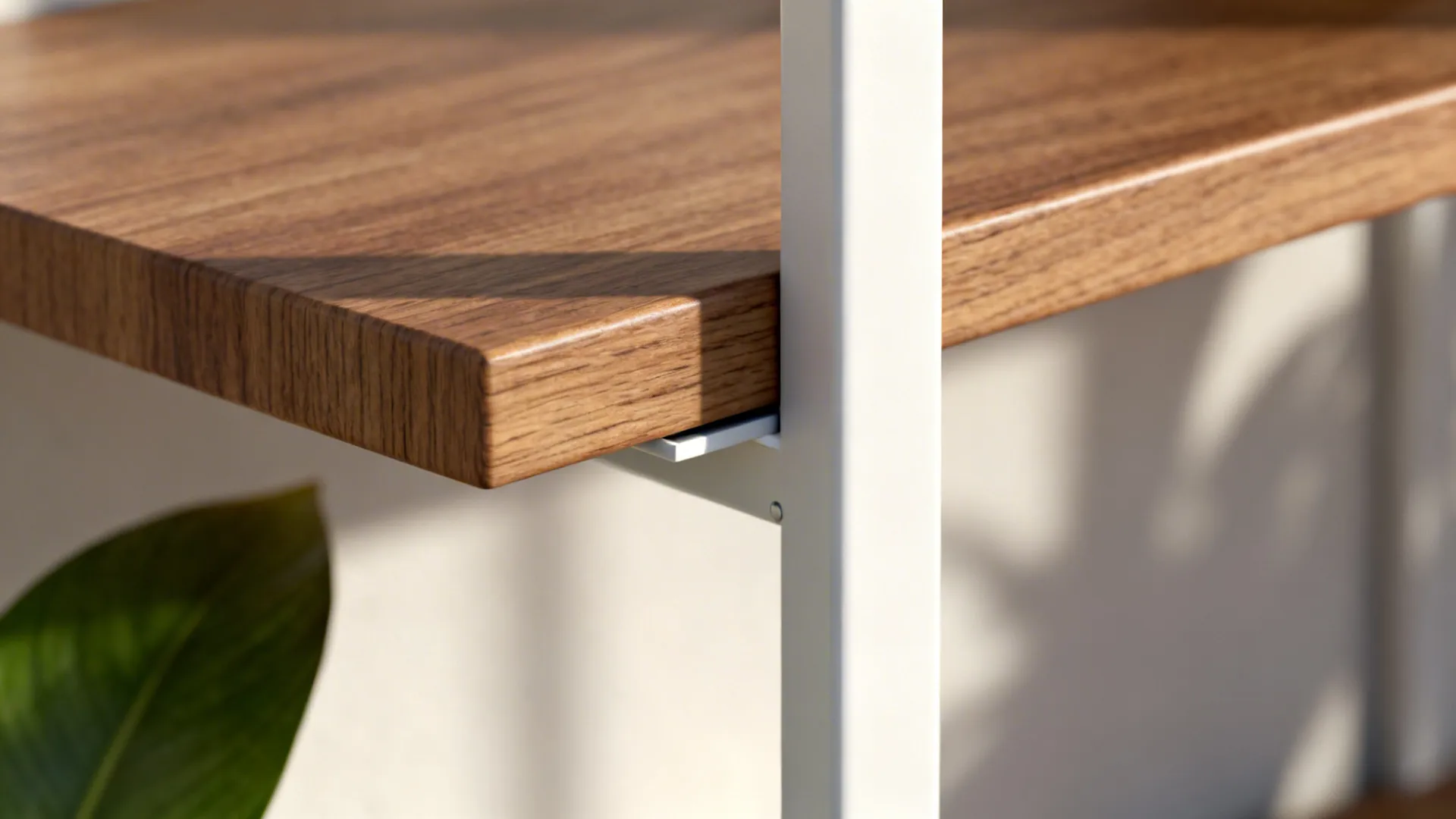 Close-up of wood shelf edge with matte white upright and hidden bracket in soft light.