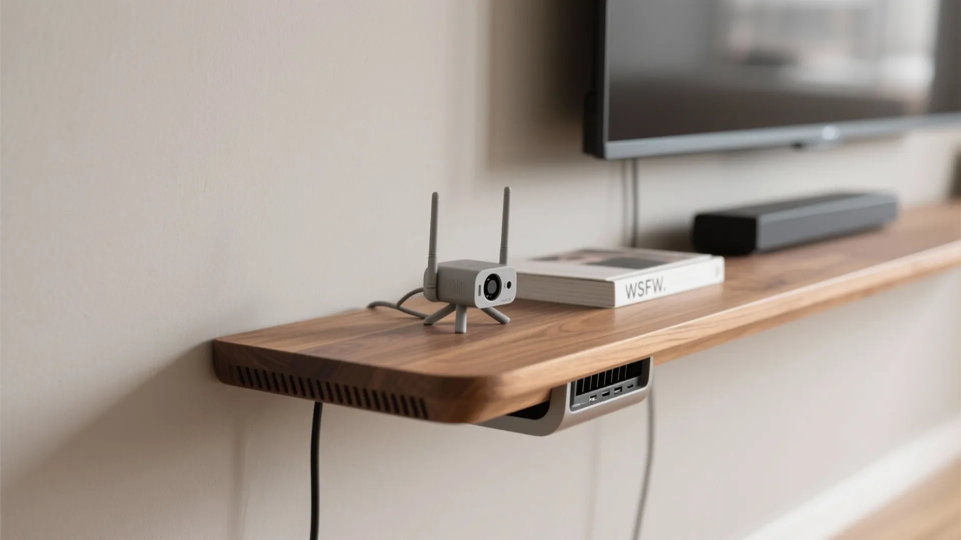 Macro of slim oak shelf with ventilated gap and neat cable sleeve beside a small TV.