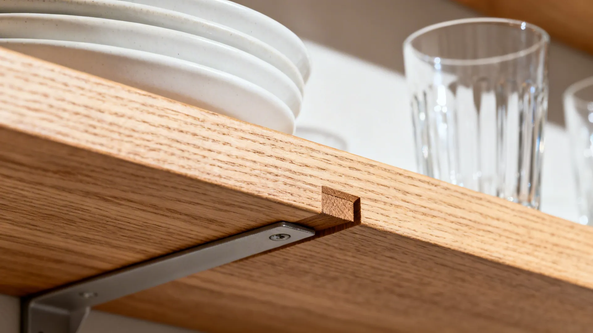 Macro of an oak shelf edge with hidden bracket and neatly stacked white plates.