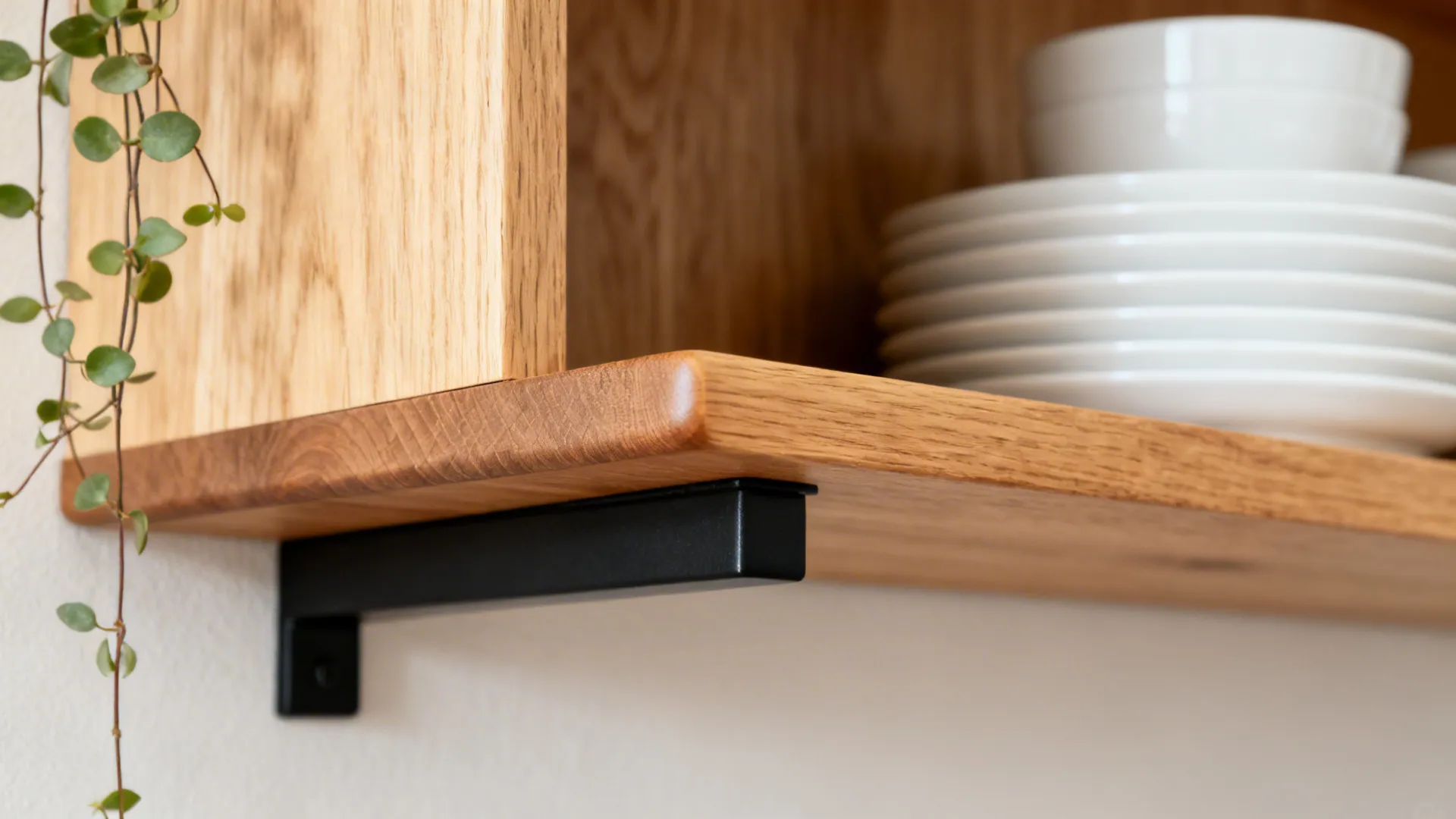 Close-up of an oak open shelf with matte black bracket and neatly stacked dishes.