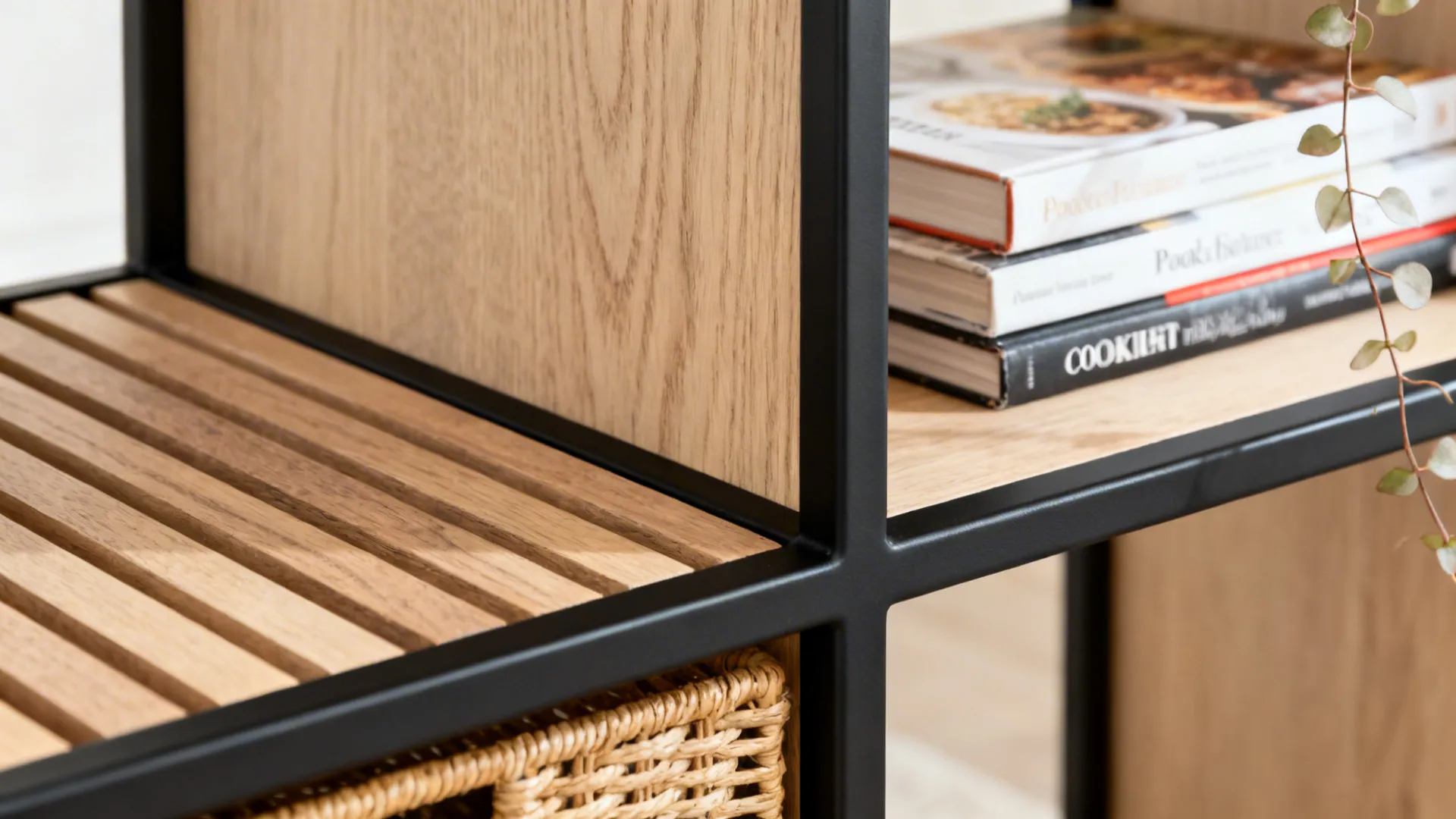 Macro view of oak shelf and matte black frame with woven basket and books.
