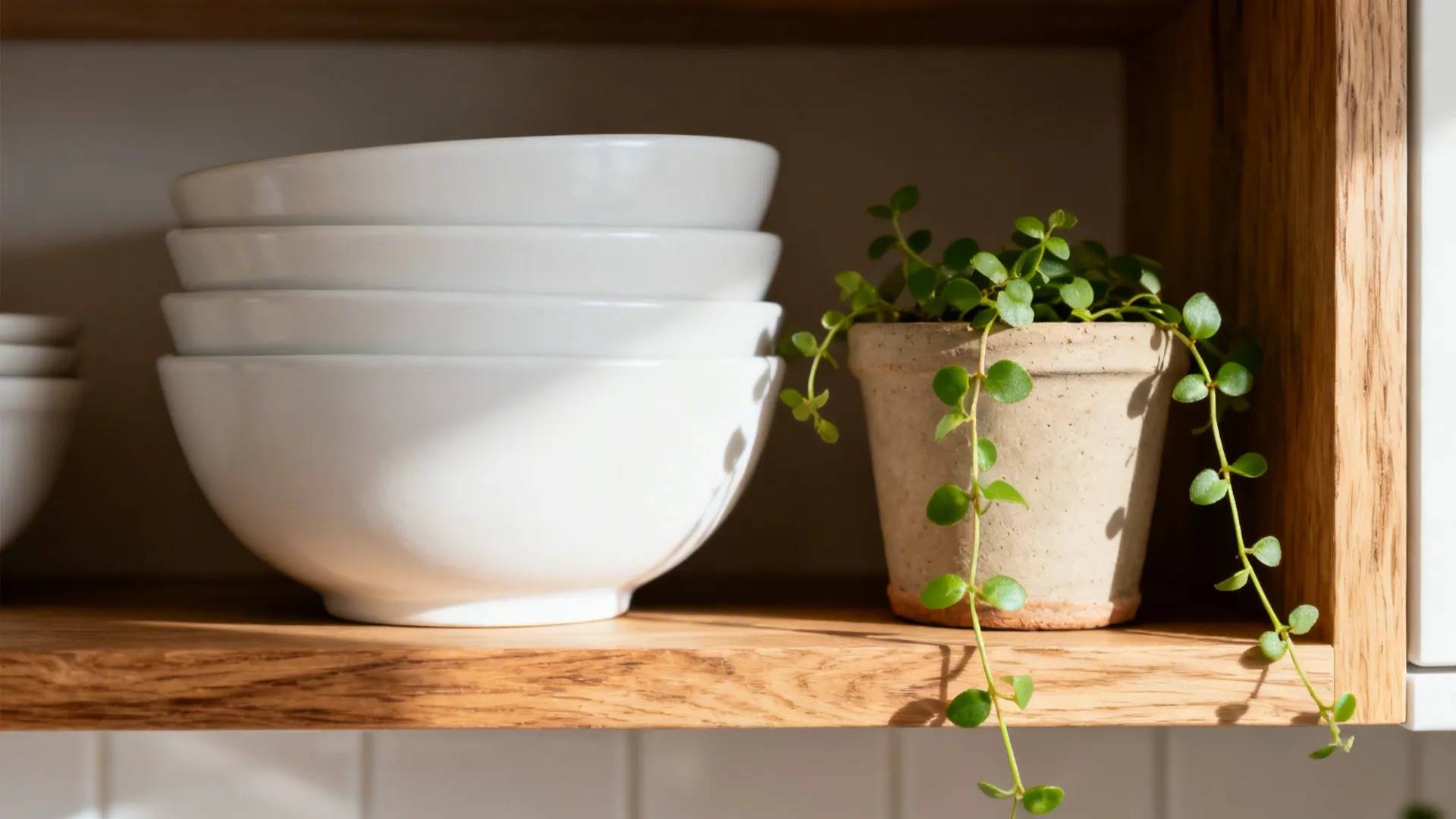Close-up of oak shelf with stacked white bowls and a small green plant in soft daylight.