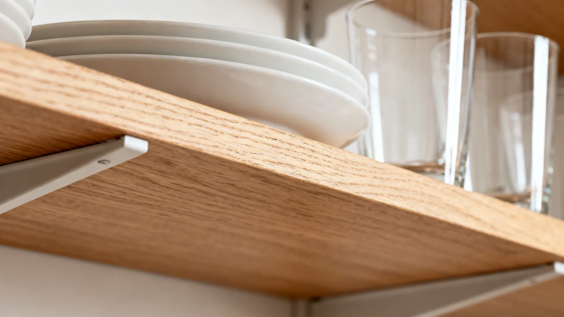 Macro detail of an oak open shelf with neatly stacked plates and glasses in soft daylight.