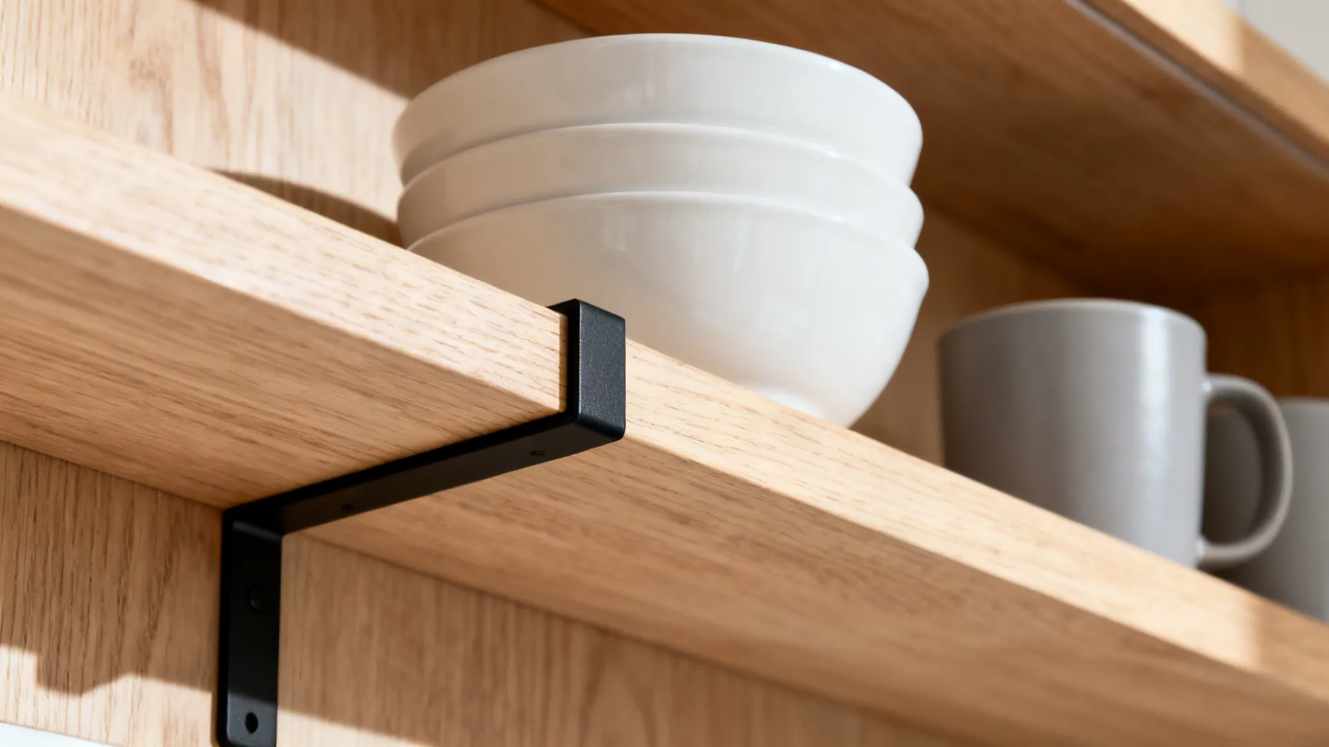 Macro of light oak shelf with black bracket and neatly stacked white bowls and gray mugs.
