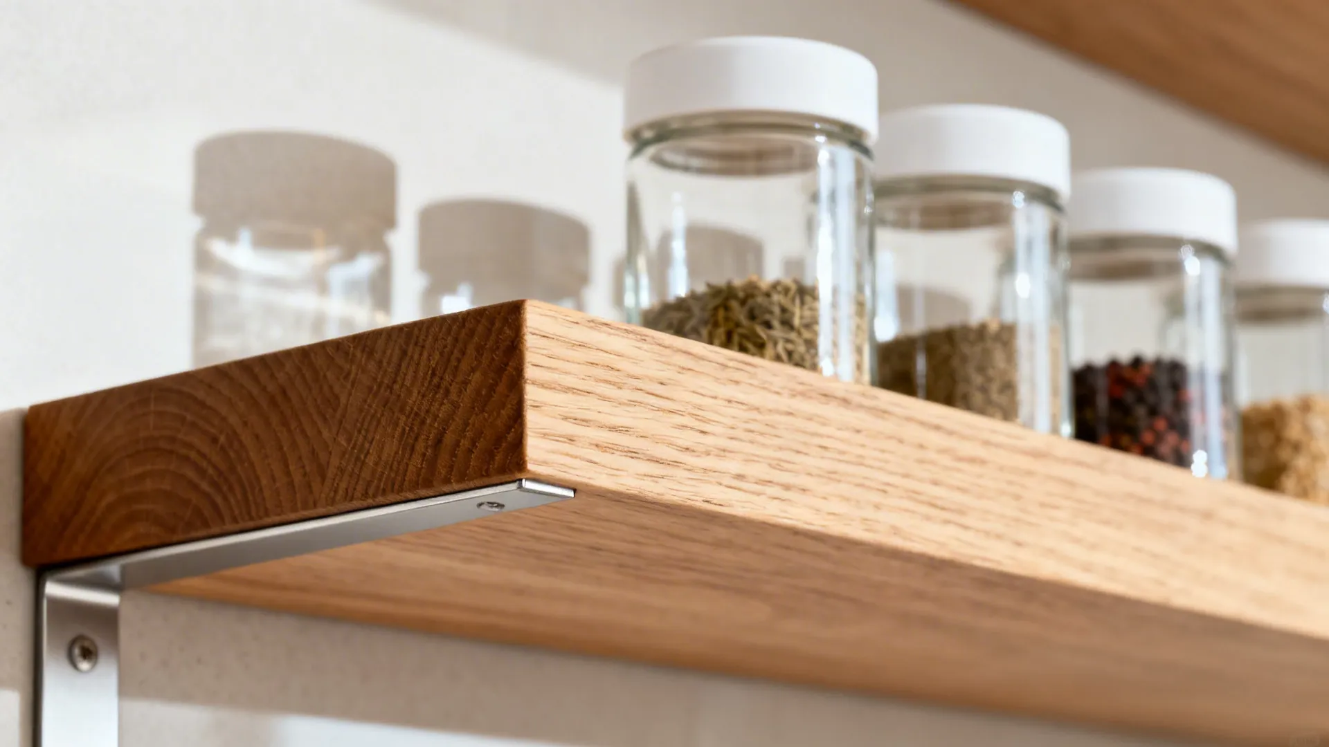 Macro of ash shelf with concealed bracket and uniform spice jars on a pale backsplash.