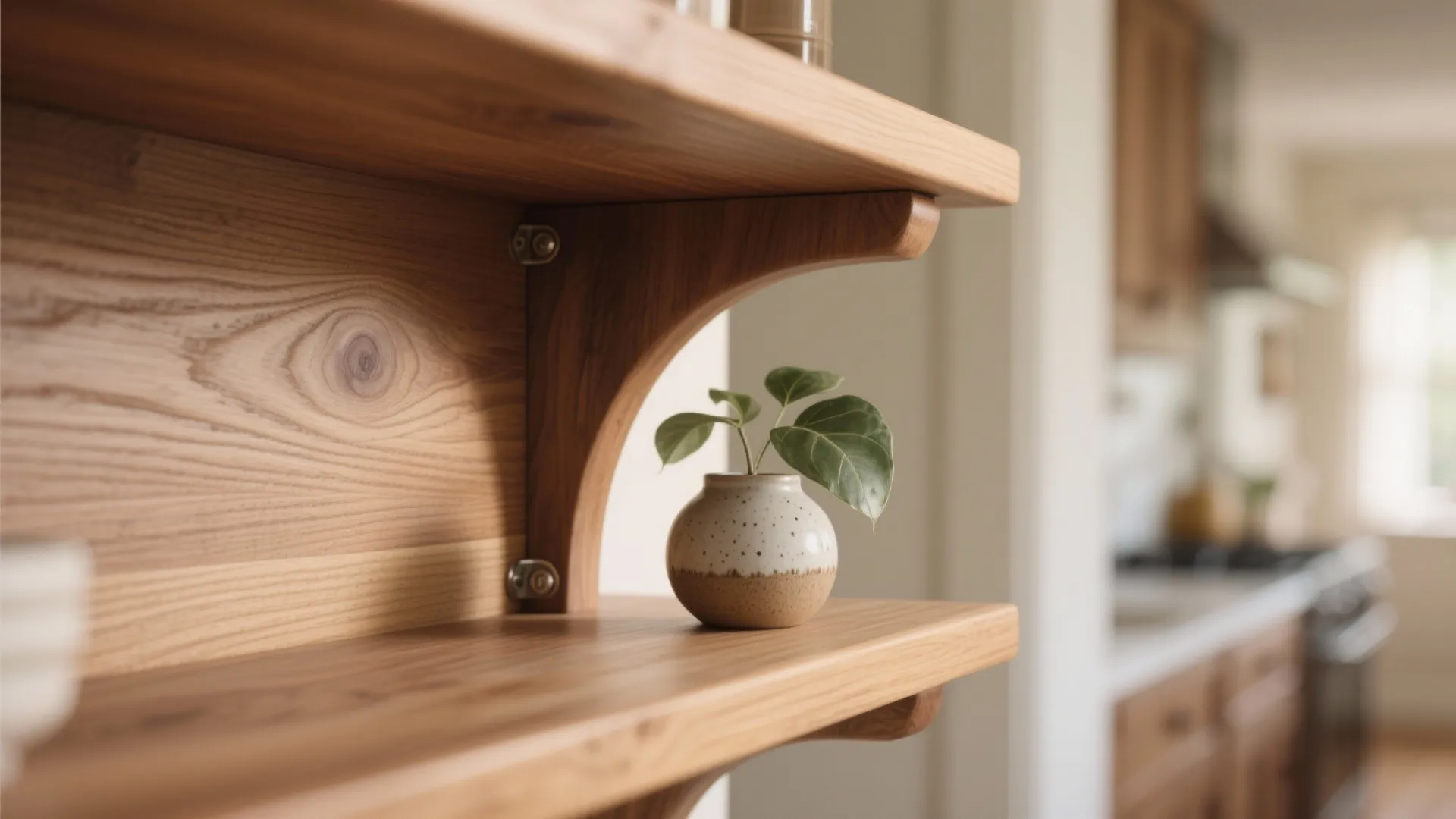 Close up of wooden wall shelves featuring a small round plant pot with green leaves