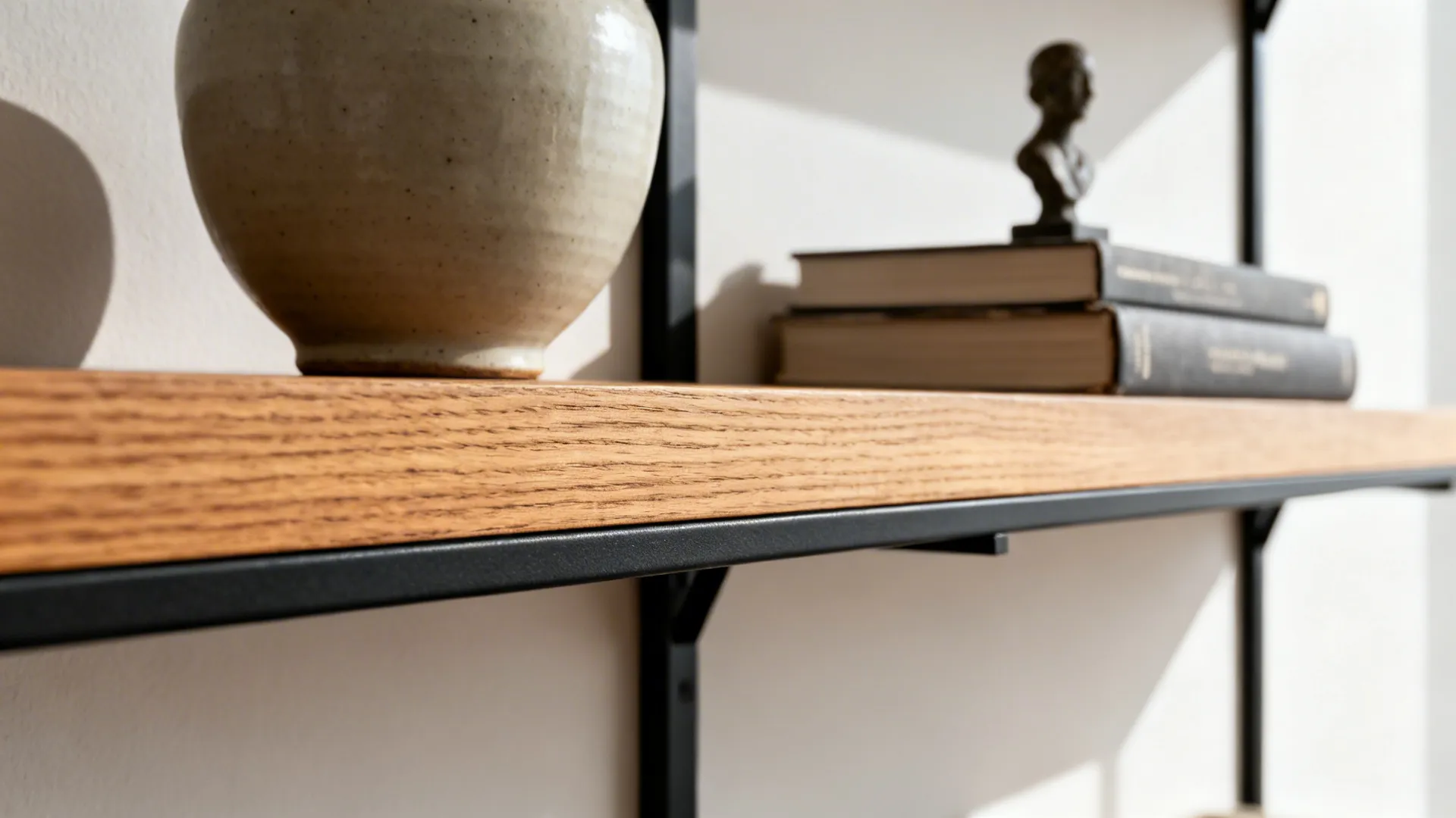 Macro of an oak shelf with matte black hardware and minimalist decor objects.