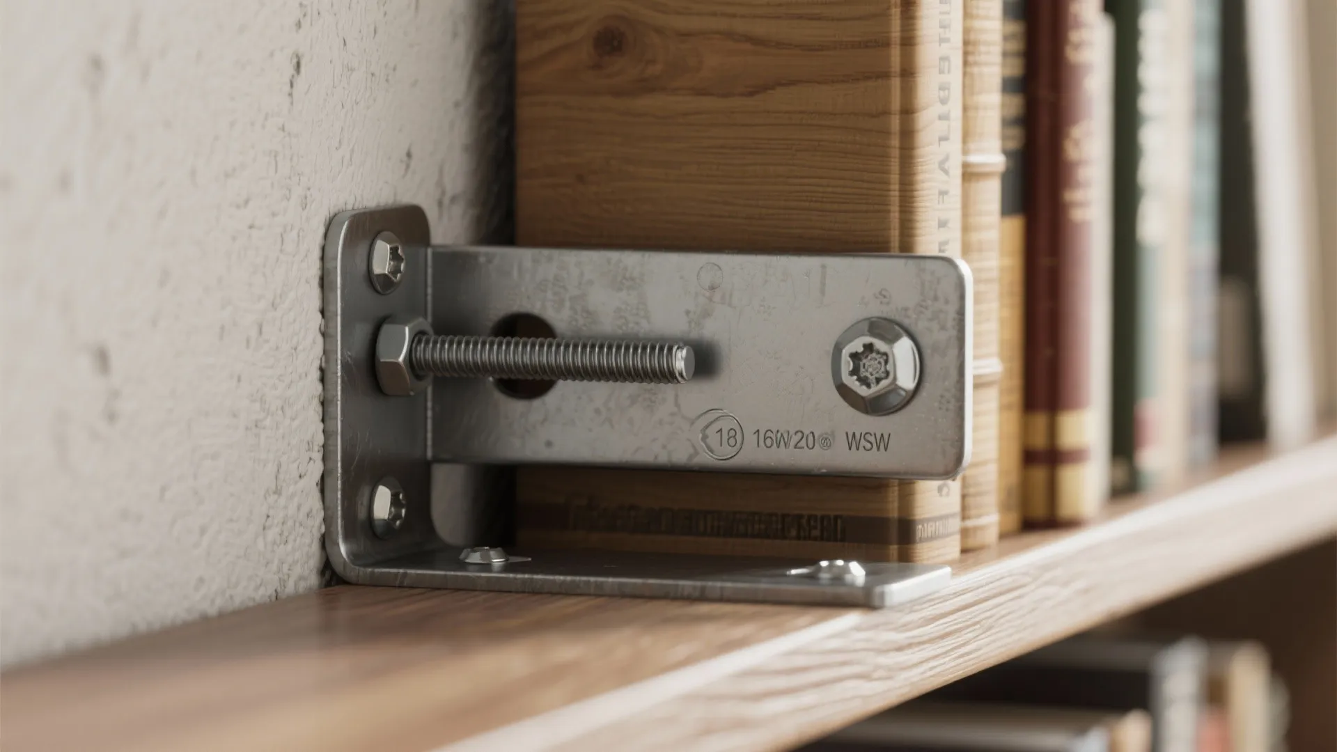 Macro close-up of a metal shelf bracket anchored into a stud with bookends and visible wood grain to illustrate reinforcement tips.