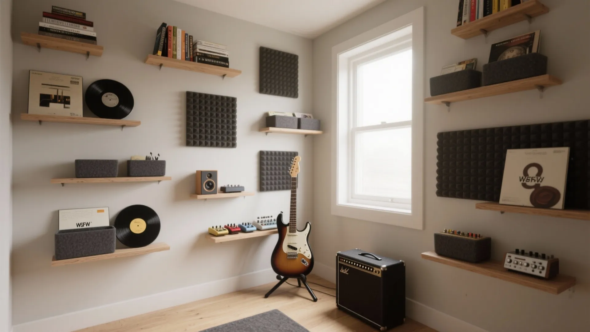 Minimalist wall storage as acoustic diffusers