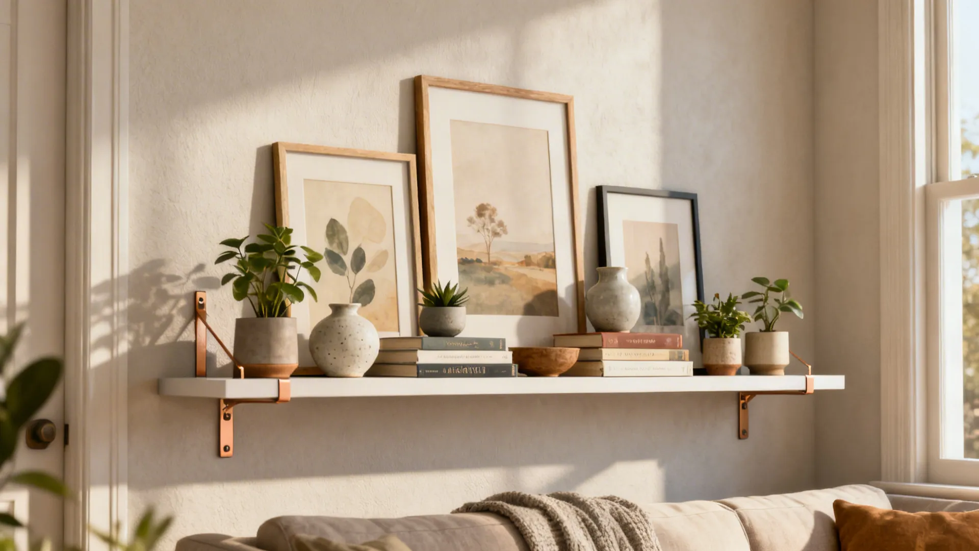 Floating shelf with layered prints, ceramics, books and plants in a compact living room