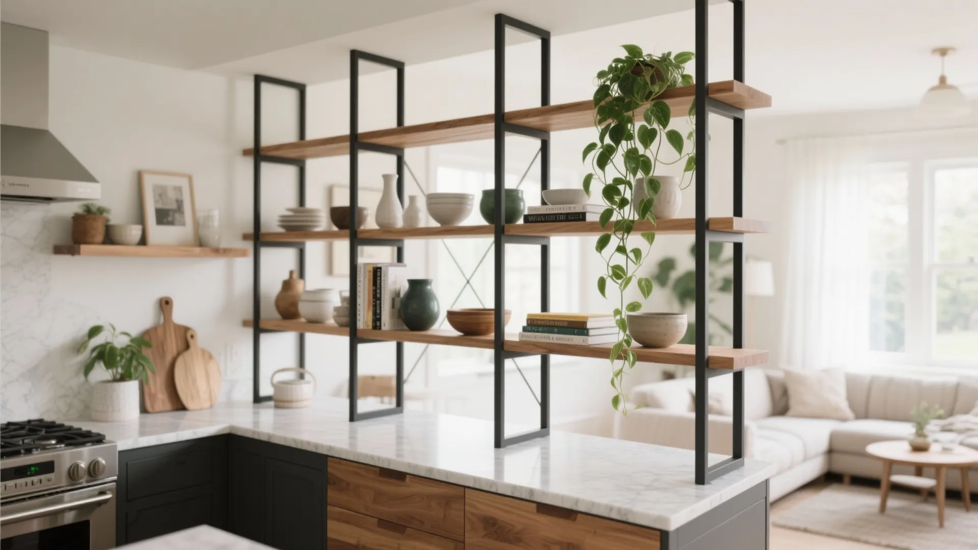 Open Metal-and-Wood Shelving as a Light Divider
