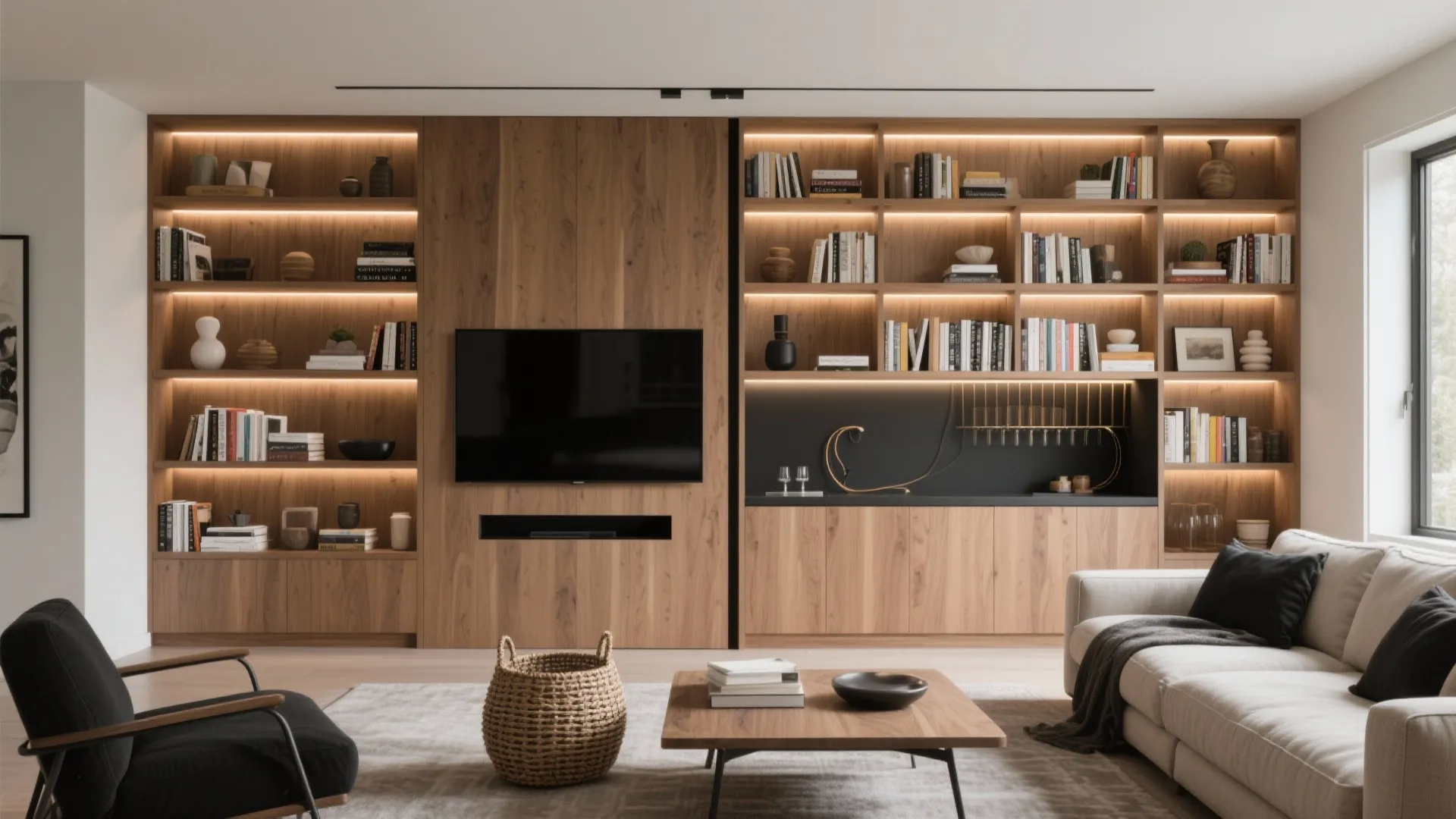 Large wooden wall cabinet with built in lights, books, television, white sofa, and coffee table