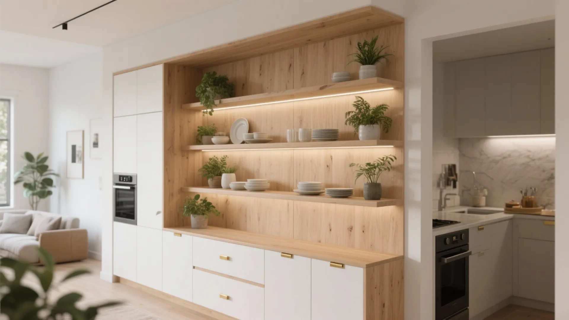 Open shelving divider with a closed base