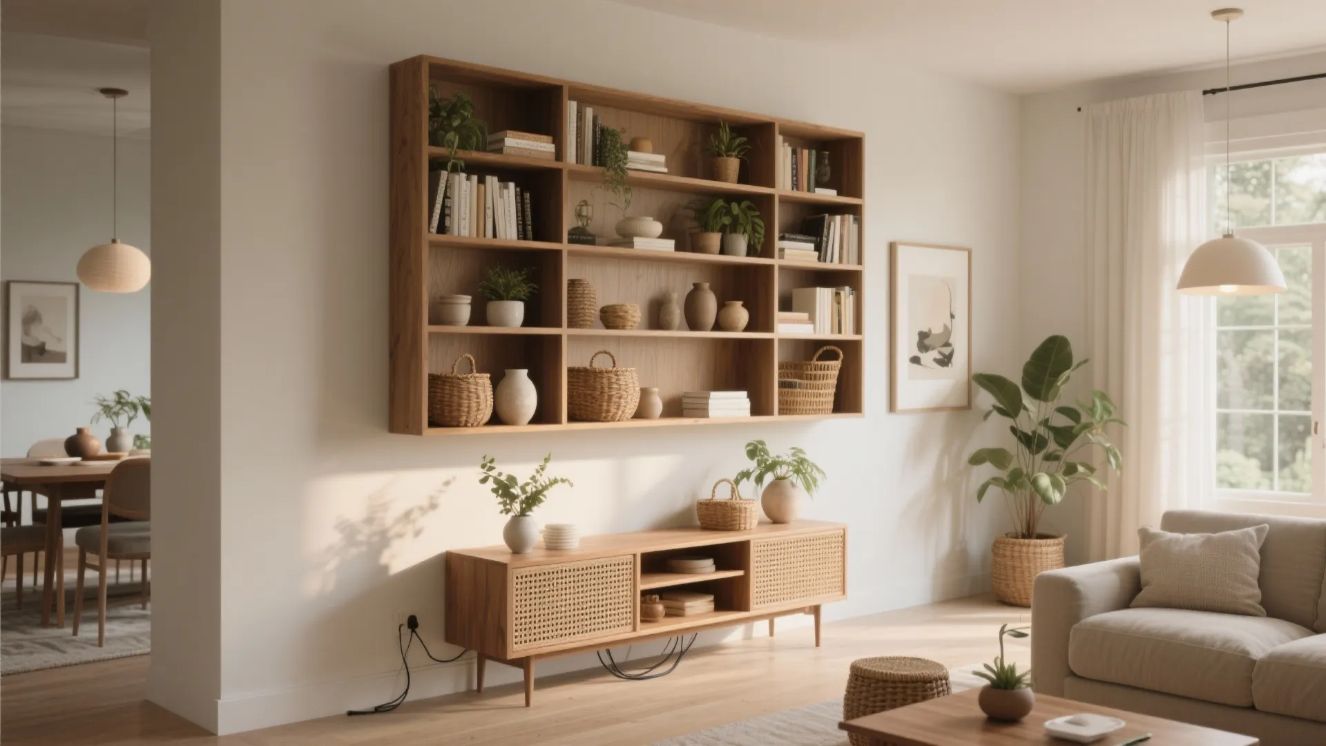 Open shelving and half-walls with storage