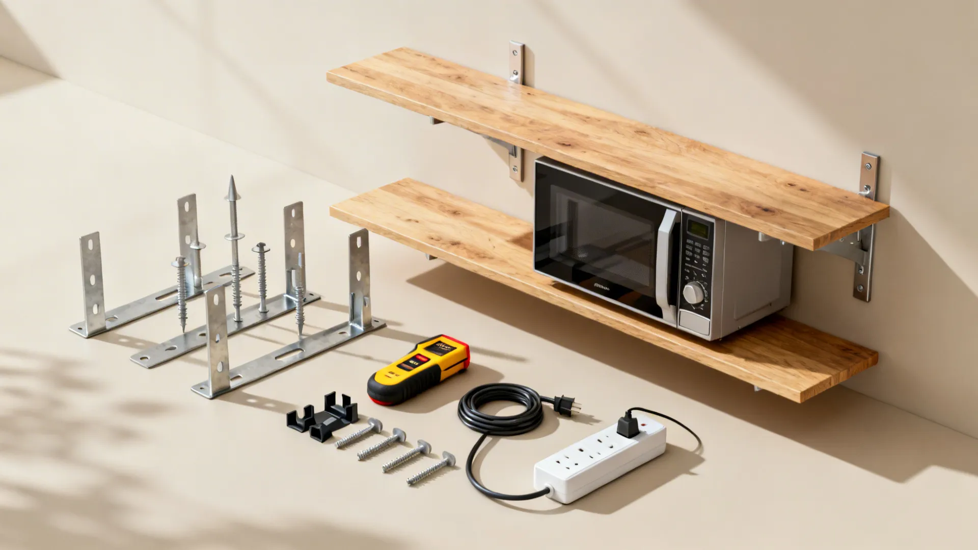 Flat lay of brackets, shelves, anchors, cable clips, and a power strip for a microwave shelf.