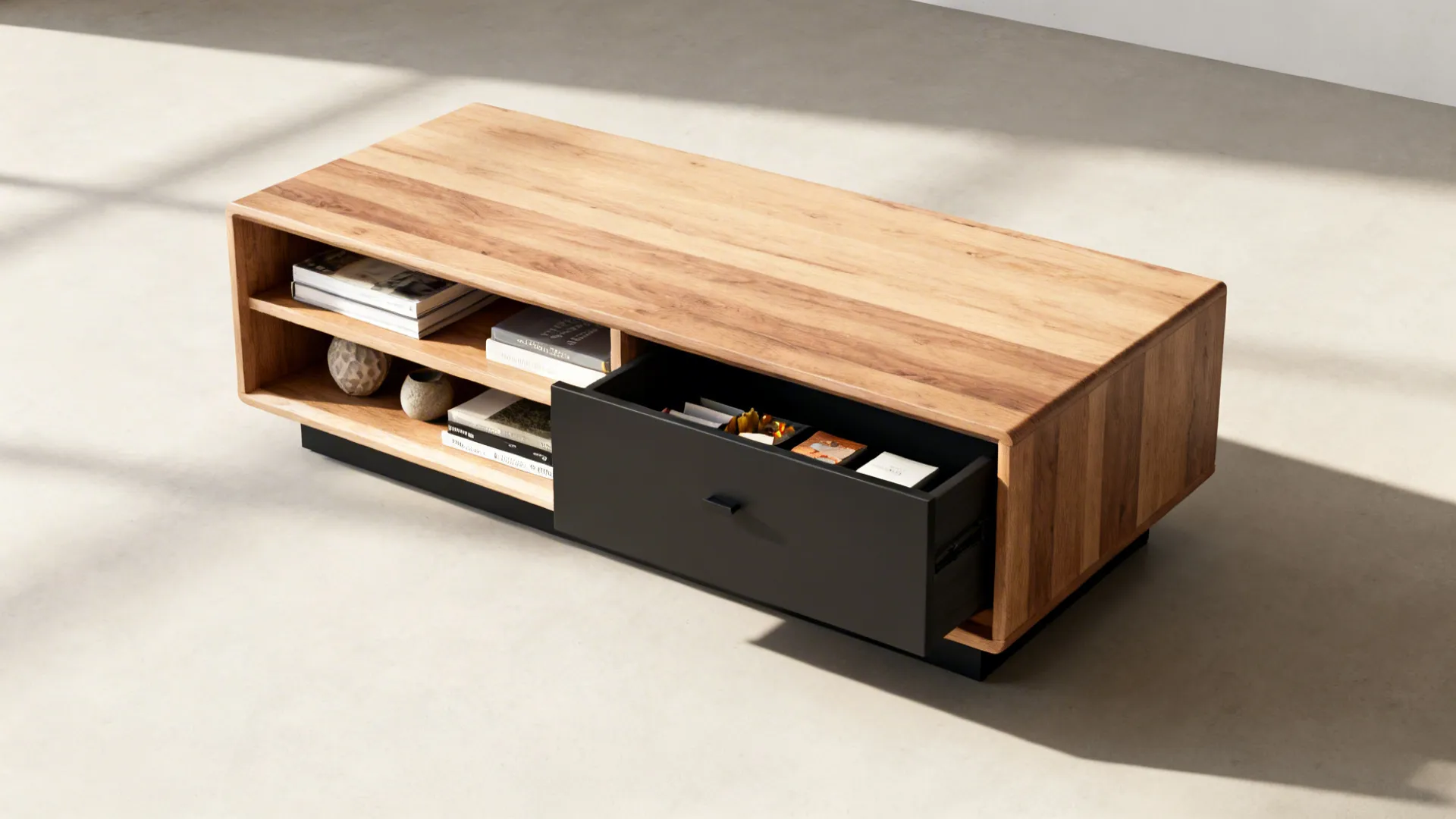 Coffee table with open shelving displaying books and a hidden drawer concealing clutter.