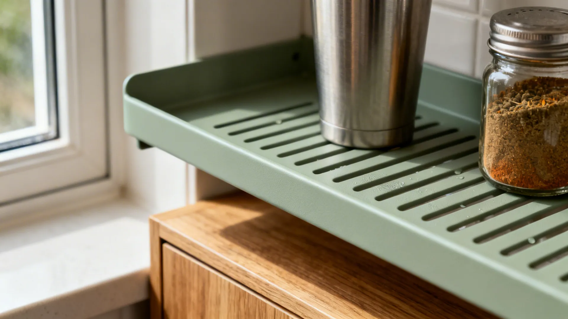 Minimal, glare-free storage around the window