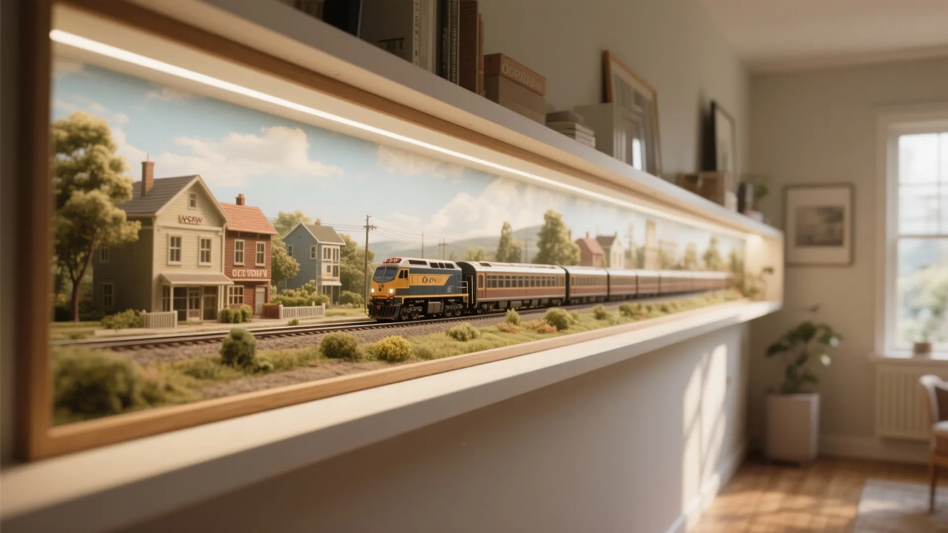 Detailed model train scene built into a wall shelf with houses trees and blue sky