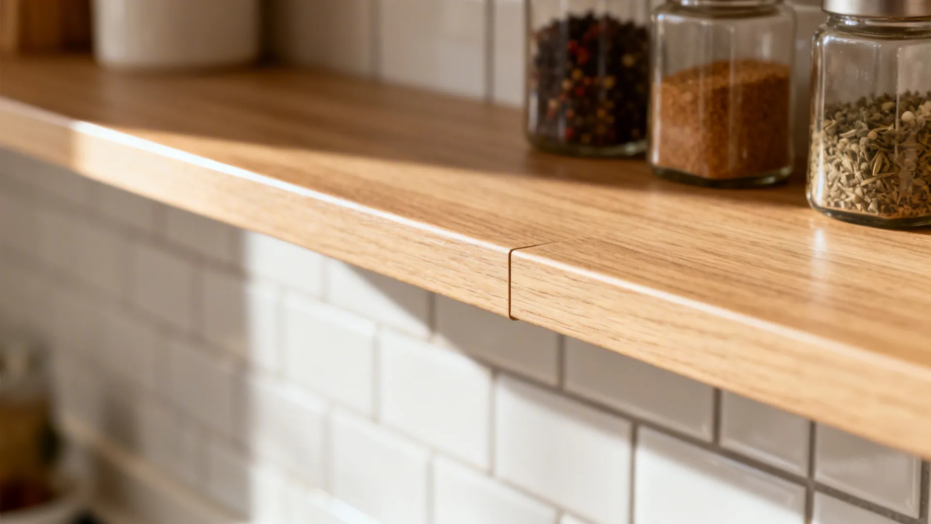 Macro of an 18 mm laminated shelf edge with smooth, easy-clean finish.