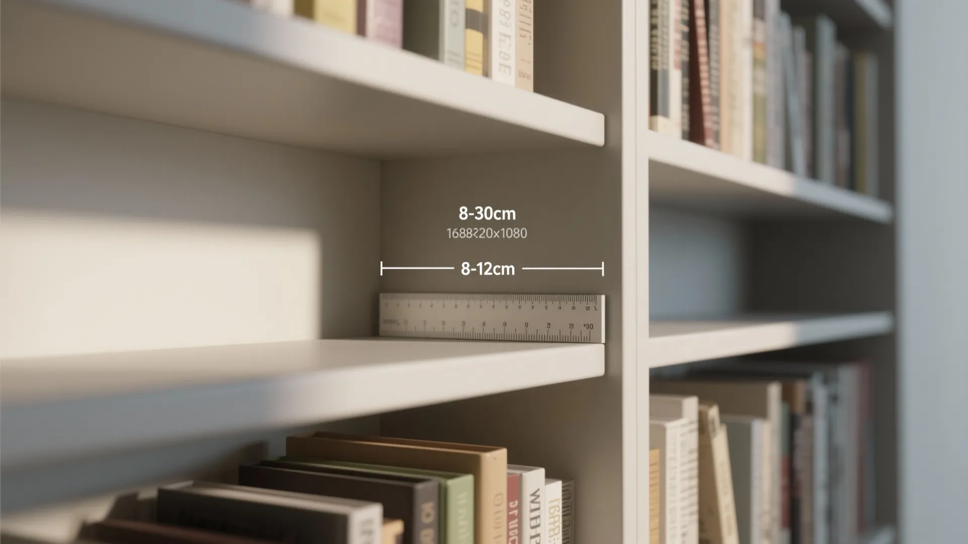 Close-up of white wooden bookshelf showing shelf depth measurements with a ruler and dimension text