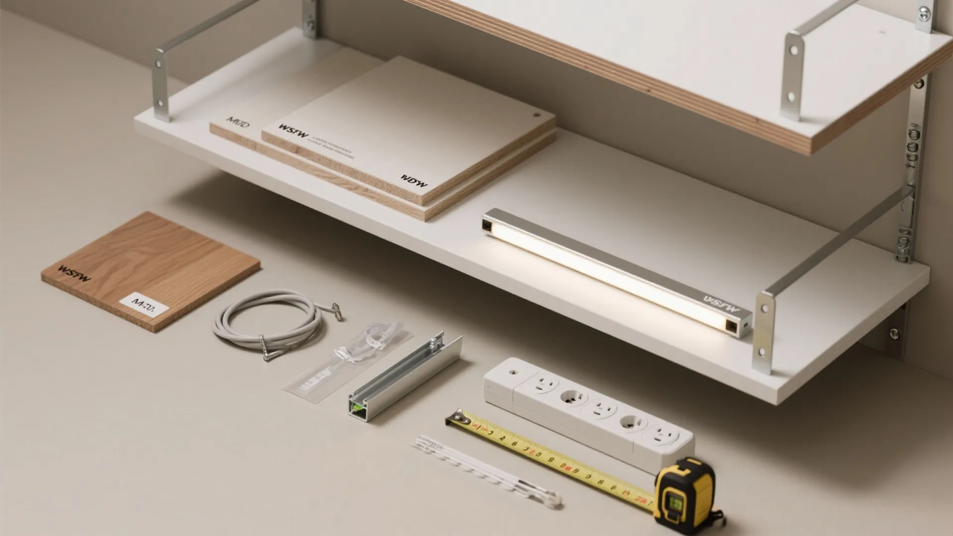 Interior design materials including wood samples light fixture power strip and yellow measuring tape on surface