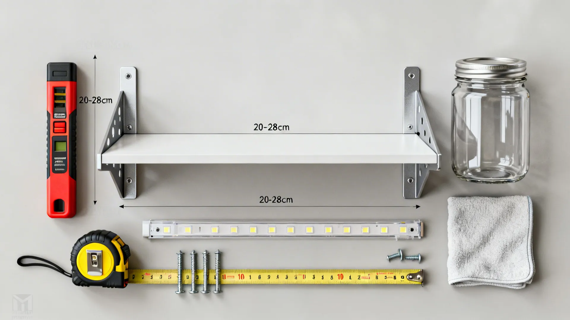 Flat-lay with tape measure, stud finder, brackets, LED strip, clear jars, and a microfiber cloth for shelves.